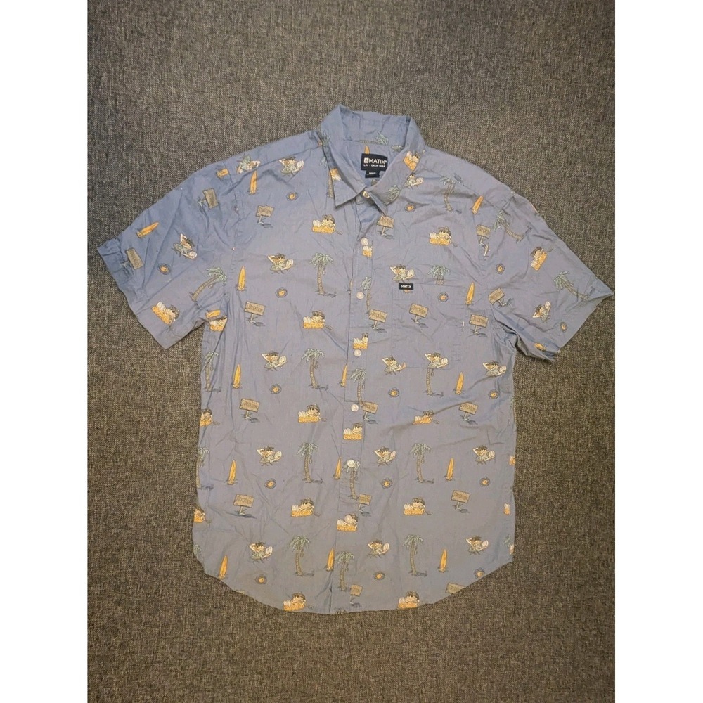 Matix‎ Button Up Hawaiian Shirt Mens Medium Blue Staycation Graphic Short Sleeve